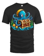 Ocean Pirate Octopus T-Shirt Cute Sea Creature Tee - black t-shirt on white background