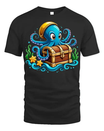 Ocean Pirate Octopus T-Shirt Cute Sea Creature Tee - black t-shirt on white background