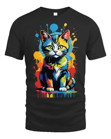 Pop Art Cat T-Shirt Bright Colorful Cat Lover Shirt - black t-shirt on white background