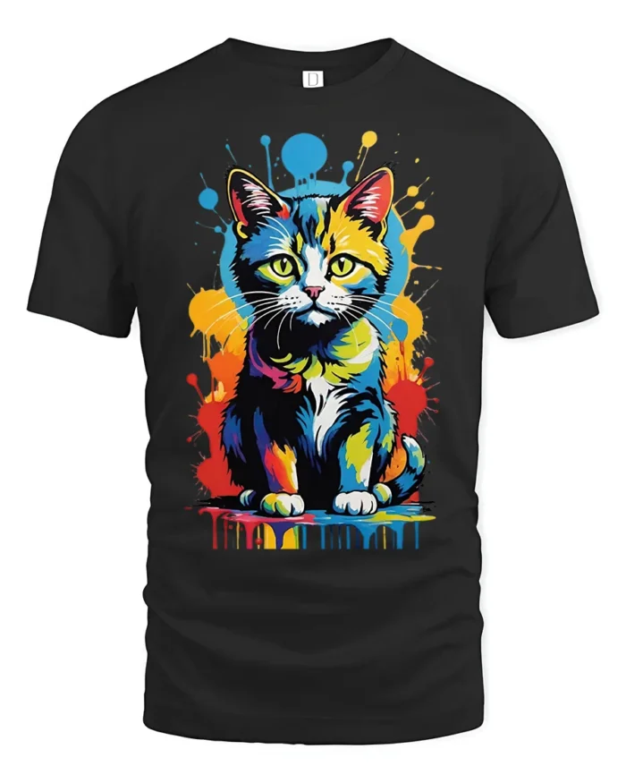 Pop Art Cat T-Shirt Bright Colorful Cat Lover Shirt - black t-shirt on white background