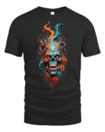 Skull Flame Roses T-Shirt Edgy Rock Style Tee - black t-shirt on white background