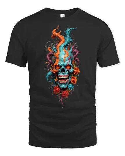 Skull Flame Roses T-Shirt Edgy Rock Style Tee - black t-shirt on white background