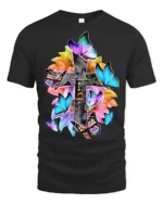 Christian Faith T-Shirt with Cross, Flowers, and Butterflies - black t-shirt on white background