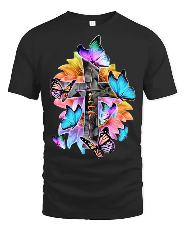 Christian Faith T-Shirt with Cross, Flowers, and Butterflies - black t-shirt on white background