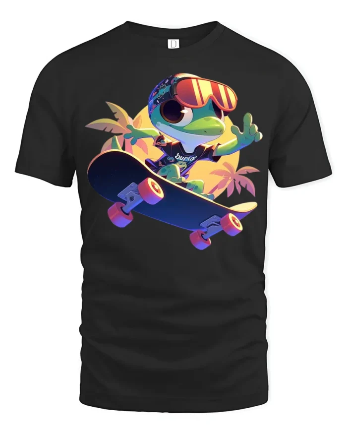 Funny Frog on Skateboard T-Shirt Vibrant Summer Tee - black t-shirt on white background