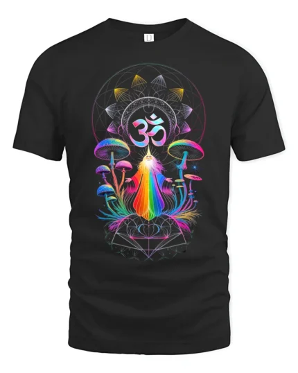 Psychedelic Om T-Shirt Rainbow Shaman Meditation Tee - black t-shirt on white background