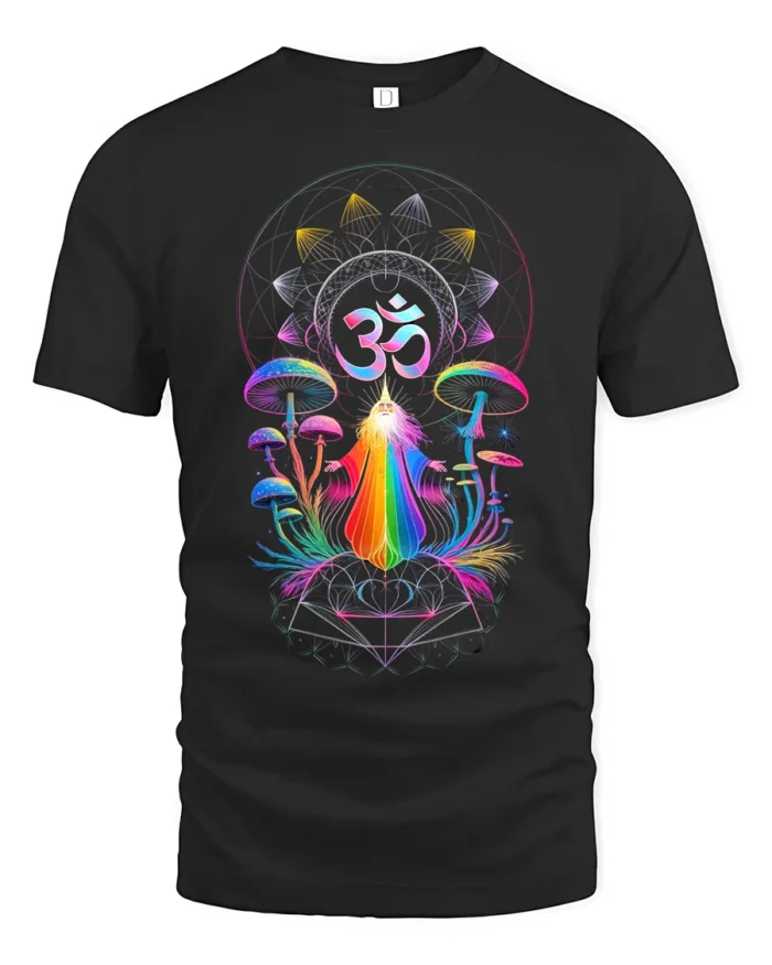 Psychedelic Om T-Shirt Rainbow Shaman Meditation Tee - black t-shirt on white background