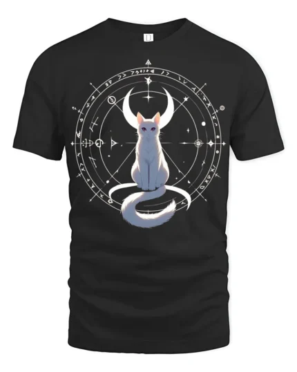 Mystic Cat Moon T-Shirt Celestial Witchcraft Tee - black t-shirt on white background