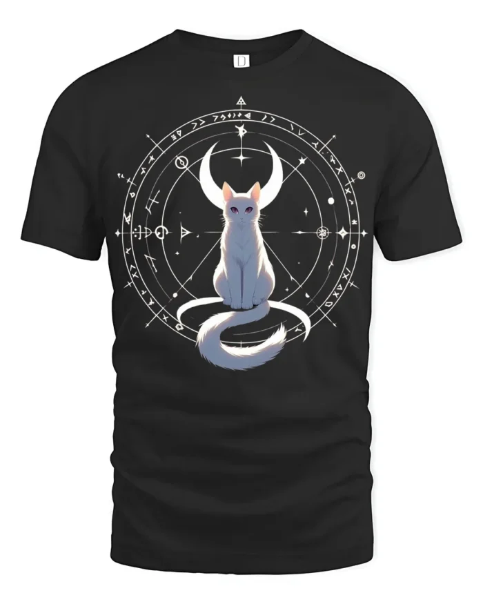 Mystic Cat Moon T-Shirt Celestial Witchcraft Tee - black t-shirt on white background