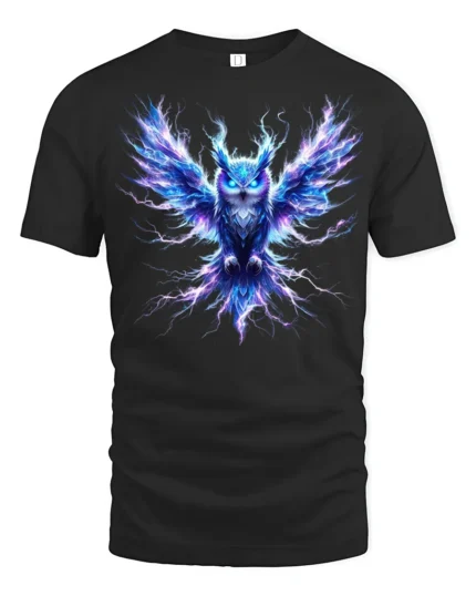 Electric Owl T-Shirt Glowing Bird Graphic Tee for Men - black t-shirt on white background