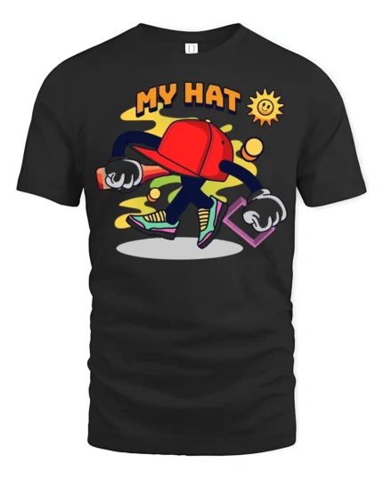 Funky Hat Graphic T-Shirt Playful Hip Hop Style Tee - black t-shirt on white background