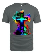 Faith Cross T-Shirt Christian Pride in Rainbow Colors - gray t-shirt on white background