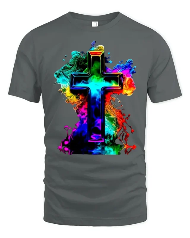 Faith Cross T-Shirt Christian Pride in Rainbow Colors - gray t-shirt on white background