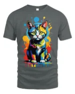 Pop Art Cat T-Shirt Bright Colorful Cat Lover Shirt - gray t-shirt on white background