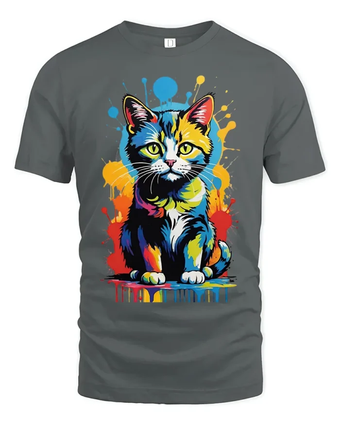 Pop Art Cat T-Shirt Bright Colorful Cat Lover Shirt - gray t-shirt on white background