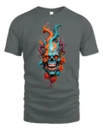 Skull Flame Roses T-Shirt Edgy Rock Style Tee - gray t-shirt on white background