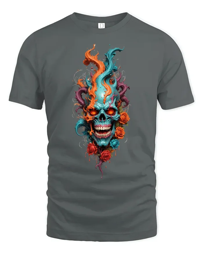 Skull Flame Roses T-Shirt Edgy Rock Style Tee - gray t-shirt on white background