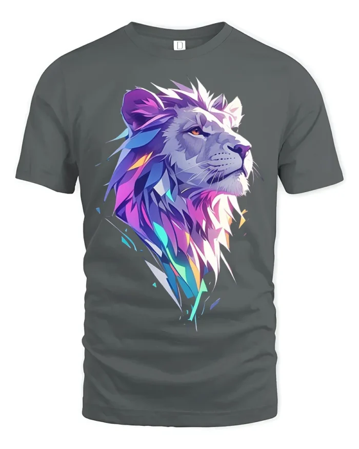 Geometric Lion T-Shirt Bold Graphic Jungle King Tee - gray t-shirt on white background
