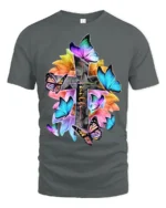 Christian Faith T-Shirt with Cross, Flowers, and Butterflies - gray t-shirt on white background