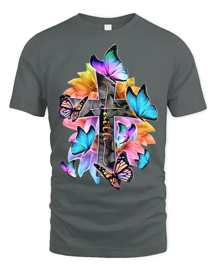 Christian Faith T-Shirt with Cross, Flowers, and Butterflies - gray t-shirt on white background