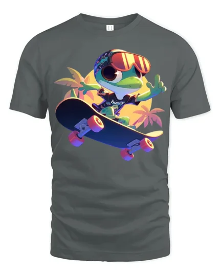 Funny Frog on Skateboard T-Shirt Vibrant Summer Tee - gray t-shirt on white background