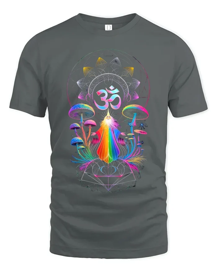 Psychedelic Om T-Shirt Rainbow Shaman Meditation Tee - gray t-shirt on white background