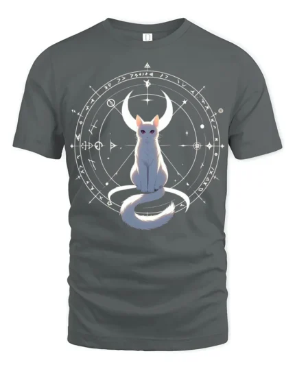 Mystic Cat Moon T-Shirt Celestial Witchcraft Tee - gray t-shirt on white background