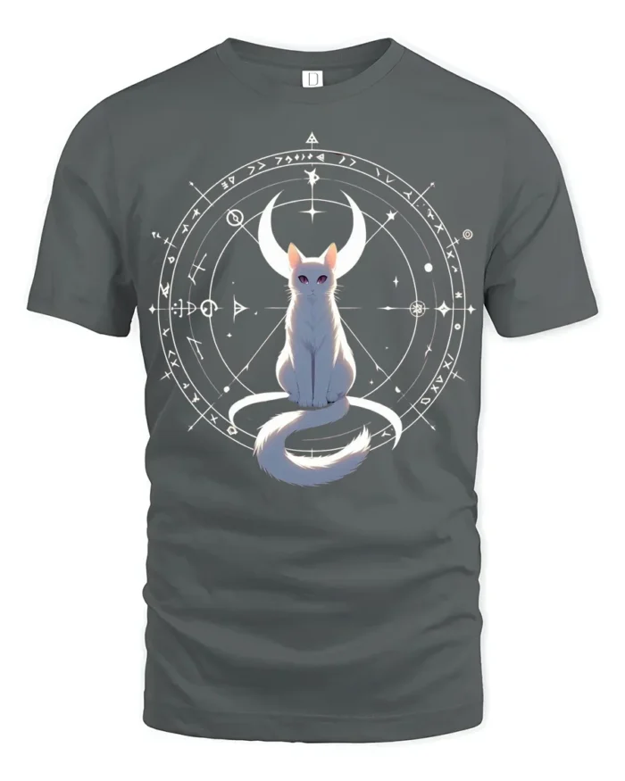 Mystic Cat Moon T-Shirt Celestial Witchcraft Tee - gray t-shirt on white background