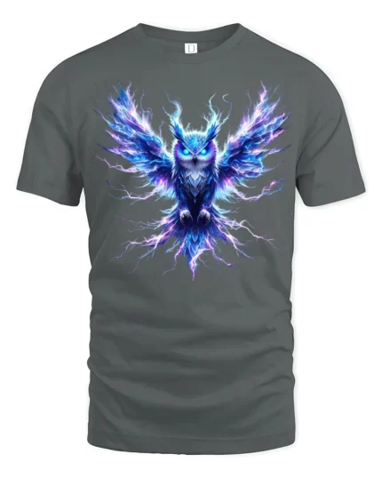 Electric Owl T-Shirt Glowing Bird Graphic Tee for Men - gray t-shirt on white background