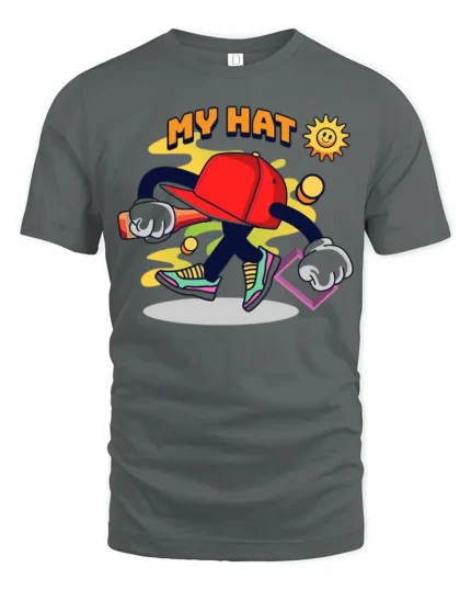 Funky Hat Graphic T-Shirt Playful Hip Hop Style Tee - gray t-shirt on white background