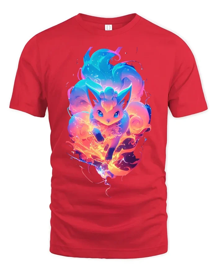 Flaming Fox Spirit T-Shirt Glow in the Dark Style Tee - red t-shirt on white background