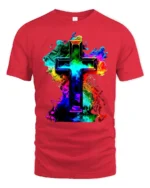 Faith Cross T-Shirt Christian Pride in Rainbow Colors - red t-shirt on white background