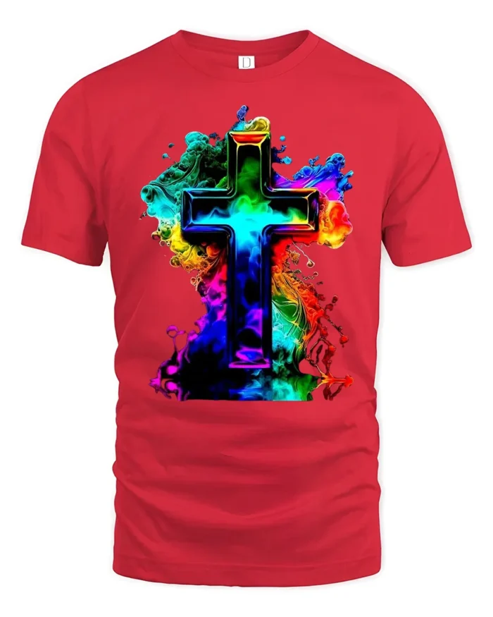 Faith Cross T-Shirt Christian Pride in Rainbow Colors - red t-shirt on white background