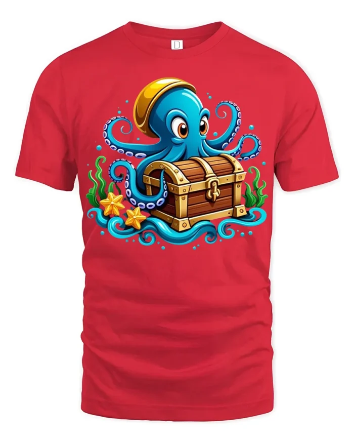 Ocean Pirate Octopus T-Shirt Cute Sea Creature Tee - red t-shirt on white background