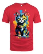 Pop Art Cat T-Shirt Bright Colorful Cat Lover Shirt - red t-shirt on white background