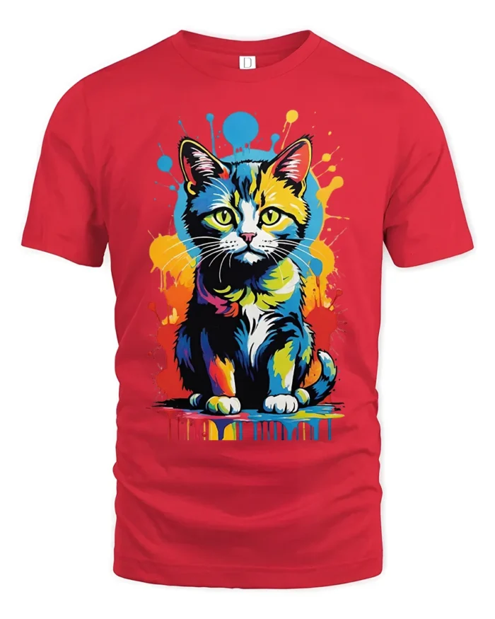 Pop Art Cat T-Shirt Bright Colorful Cat Lover Shirt - red t-shirt on white background