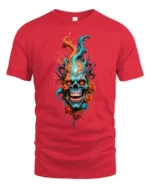 Skull Flame Roses T-Shirt Edgy Rock Style Tee - red t-shirt on white background