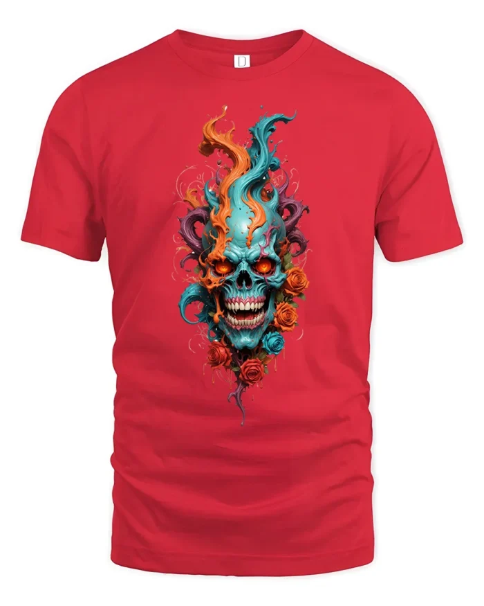 Skull Flame Roses T-Shirt Edgy Rock Style Tee - red t-shirt on white background
