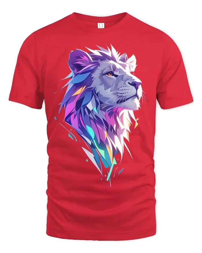Geometric Lion T-Shirt Bold Graphic Jungle King Tee - red t-shirt on white background