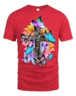 Christian Faith T-Shirt with Cross, Flowers, and Butterflies - red t-shirt on white background