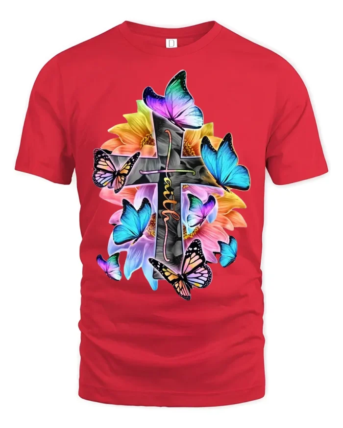Christian Faith T-Shirt with Cross, Flowers, and Butterflies - red t-shirt on white background