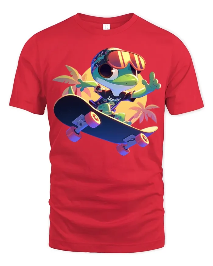 Funny Frog on Skateboard T-Shirt Vibrant Summer Tee - red t-shirt on white background