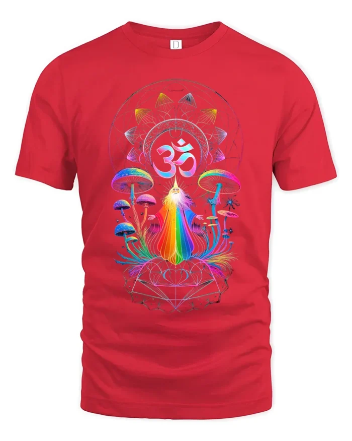 Psychedelic Om T-Shirt Rainbow Shaman Meditation Tee - red t-shirt on white background