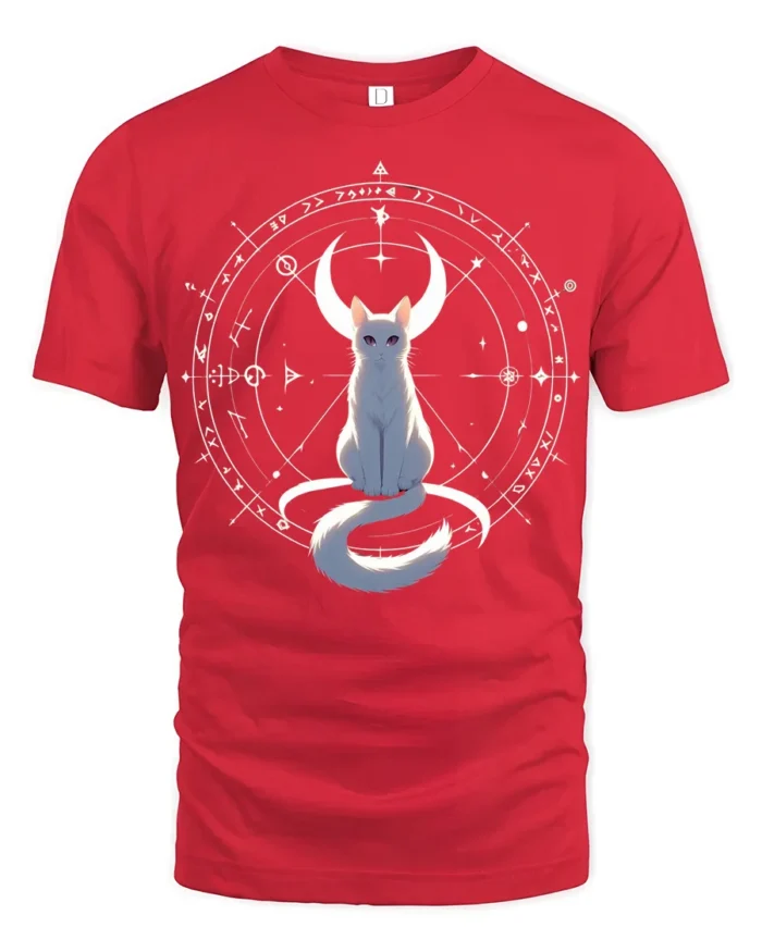 Mystic Cat Moon T-Shirt Celestial Witchcraft Tee - red t-shirt on white background