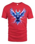 Electric Owl T-Shirt Glowing Bird Graphic Tee for Men - red t-shirt on white background