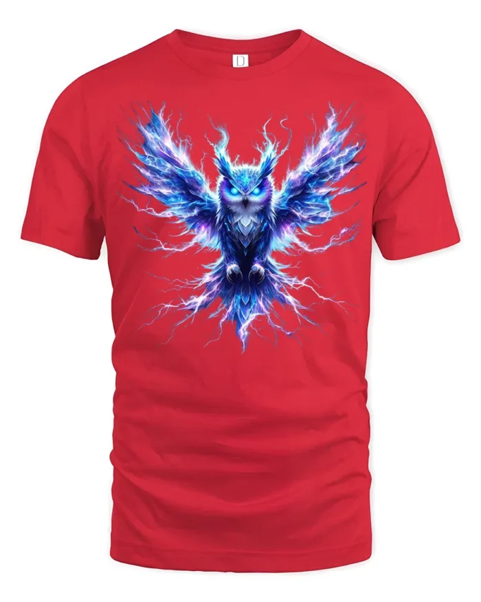 Electric Owl T-Shirt Glowing Bird Graphic Tee for Men - red t-shirt on white background