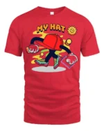 Funky Hat Graphic T-Shirt Playful Hip Hop Style Tee - red t-shirt on white background