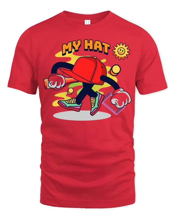 Funky Hat Graphic T-Shirt Playful Hip Hop Style Tee - red t-shirt on white background