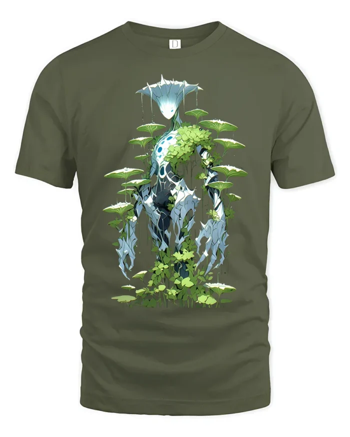 Eco Warrior Alien Forest Spirit Graphic T-Shirt for Men - military green t-shirt on white background