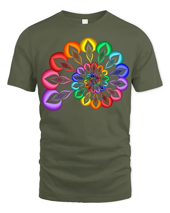 Rainbow Mandala T-Shirt Vibrant Geometric Art Tee - military green t-shirt on white background